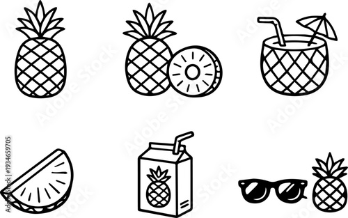 Pineapple tropical fruit summer drink icons. Vector
