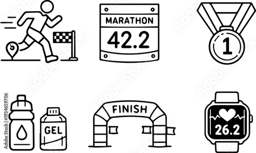 Marathon running sport line icons set