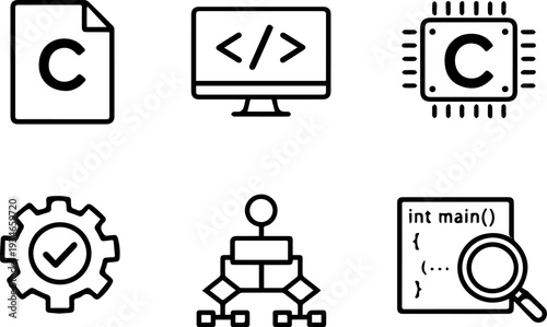 C programming language coding development icons. Vector