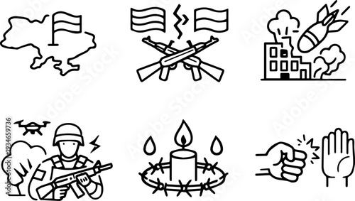 Ukraine war support military conflict icons. Vector