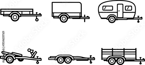 Trailer transport towing vehicle line icons. Vector