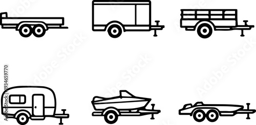 Trailer transport towing vehicle line icons