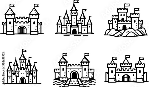 Medieval castle fantasy kingdom architecture icons. Vector