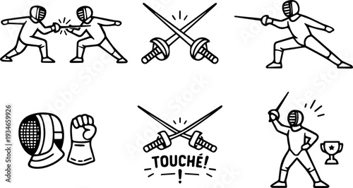 Fencing sport duel sword competition icons. Vector