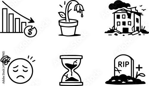 Crisis decline depression death and failure icons
