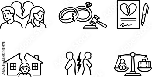 Divorce separation family conflict and custody icons
