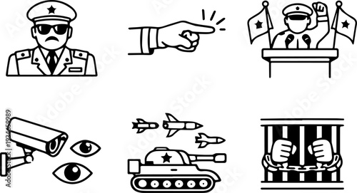 Dictatorship surveillance military control and prison icons