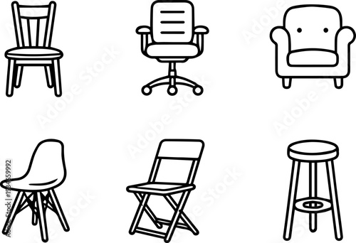 Chairs furniture seating home interior icons. Vector