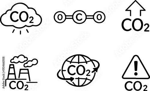 CO2 emissions climate pollution outline icons
