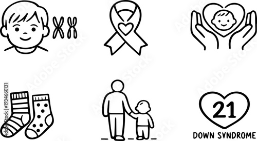 Down syndrome awareness support outline icons. Vector