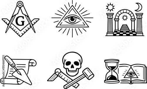 Freemasonry symbols masonic lodge outline icon set. Vector