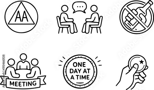 Alcoholics anonymous recovery support outline icon set
