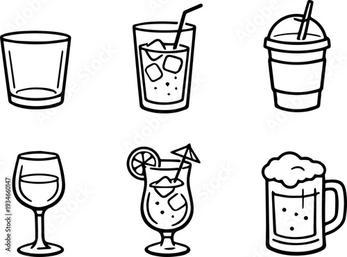 Beverage drinks cocktail beer wine outline icon set
