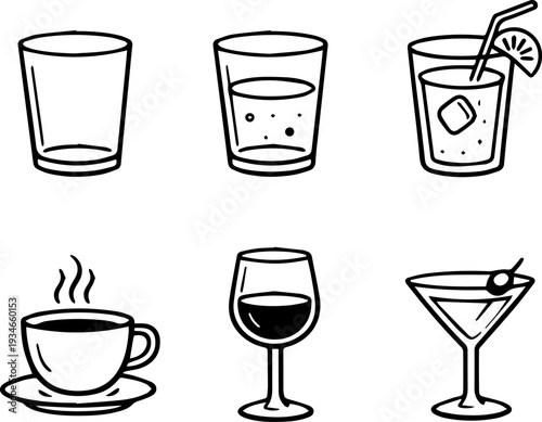 Drinks glass beverage cocktail coffee wine outline icon set
