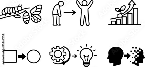Personal growth transformation outline icon set
