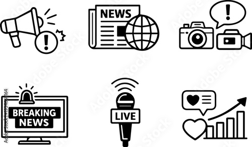 News media journalism outline icon set. Vector
