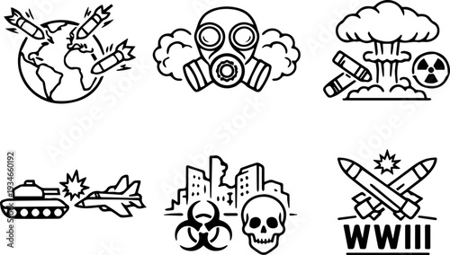 War military conflict outline icon set. Vector