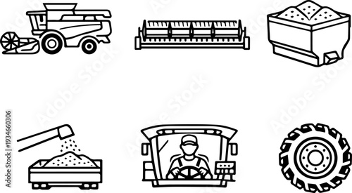 Agriculture harvest machinery outline icon set
