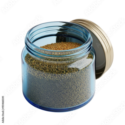 Small blue glass jar filled with brown seeds and open lid isolated on transparent background