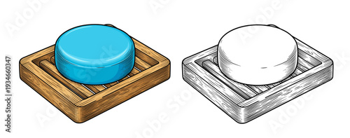 Front view of minimalist studio display with a blue circular top on wooden square base next to a white circular top on silver metal square base