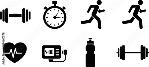 Collection of fitness and health icons representing exercise, training, and wellness activities