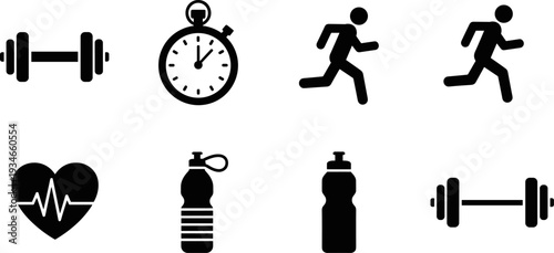 Collection of black fitness icons including dumbbells, runners, stopwatch, heart rate, and water bottles