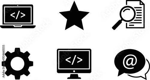 Set of six black icons representing coding, search, communication, and settings