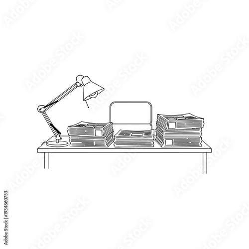 Cluttered Office Desk with Lamp and Files.