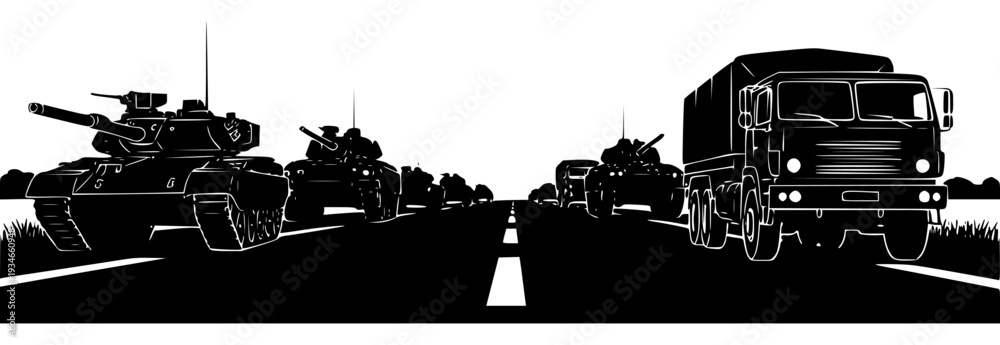Obraz premium A line of military vehicles on a road with tank and semi-truck, army, army tank, drive, equipment, highway, illustration, road, rural, tank, trailer truck, truck, against transparent background