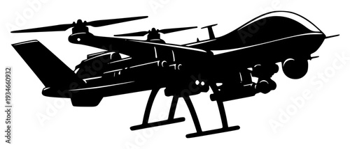 A black and white silhouette of a military drone, black, drone, fly, helicopter, illustration, plane, profile, propeller, sky, telescope, against transparent background