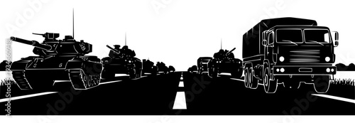 A line of military vehicles on a road with tank and semi-truck, army, army tank, drive, equipment, highway, illustration, road, rural, tank, trailer truck, truck, against transparent background