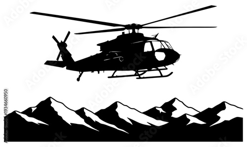 A black and white silhouette of a helicopter flying over mountains, black, blanket, fly, helicopter, mountain, mountain landscape, mountain range, profile, sky, against transparent background