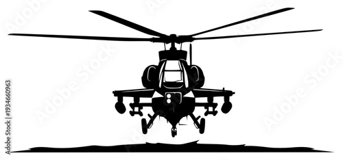 A black and white silhouette of a military helicopter flying low, army, black, floor, fly, helicopter, illustration, land, landing, profile, propeller, sky, against transparent background