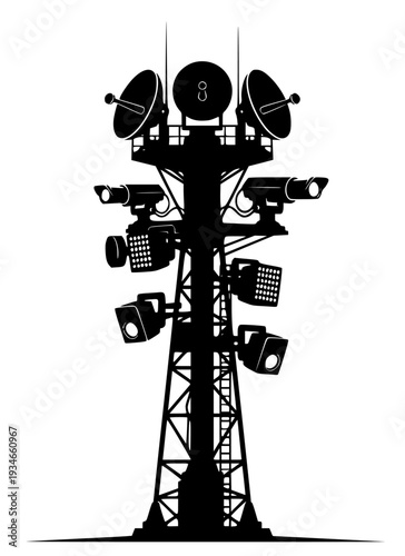uette of a telecommunications tower with cameras mounted on it, antenna, black, equipment, illustration, pole, profile, radar, satellite, telescope, tower, video camera, against transparent background