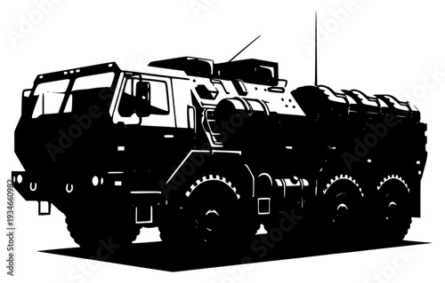 A black and white illustration of a military vehicle, army, equipment, illustration, missile, tank, truck, vehicle, against transparent background