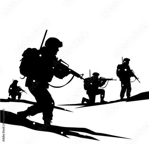 ainst a , each holding a weapon and wearing backpacks, blanket, gun, hill, man, person, profile, rifle, ski, ski slope, skier, slope, snow, snowboarder, soldier, weapon, against transparent background