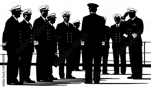 nding in a line, silhouetted against a , army, black, boat, captain, crew, illustration, man, officer, person, pilot, profile, rail, sailor, salute, sea, stand, uniform, against transparent background