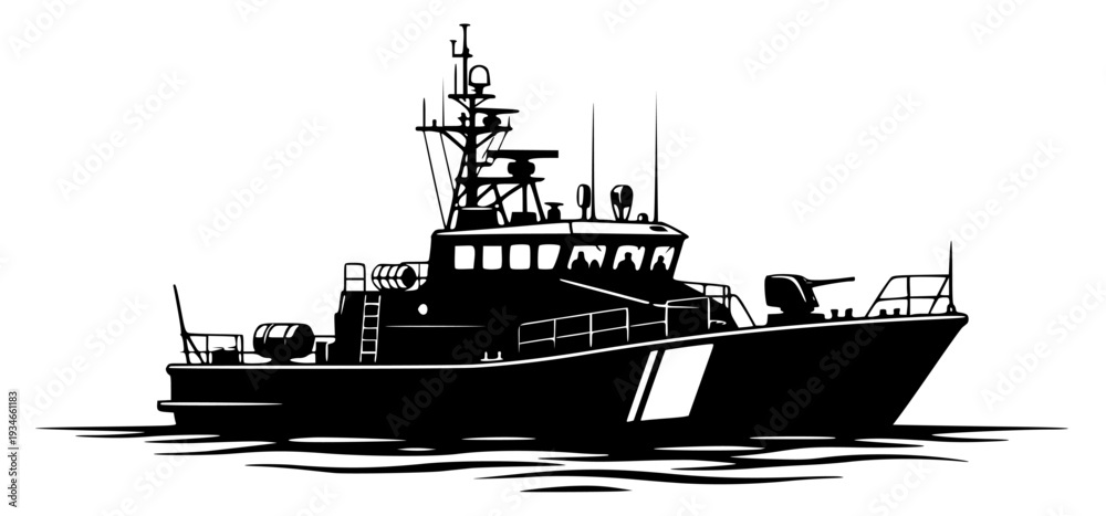 Obraz premium A black and white silhouette of a tugboat on water, black, boat, fishing boat, float, illustration, profile, sea, tugboat, vessel, warship, water, against transparent background