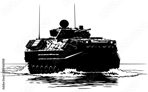 A black and white illustration of a military tank driving through water, army, drive, illustration, sea, tank, turret, vehicle, water, against transparent background