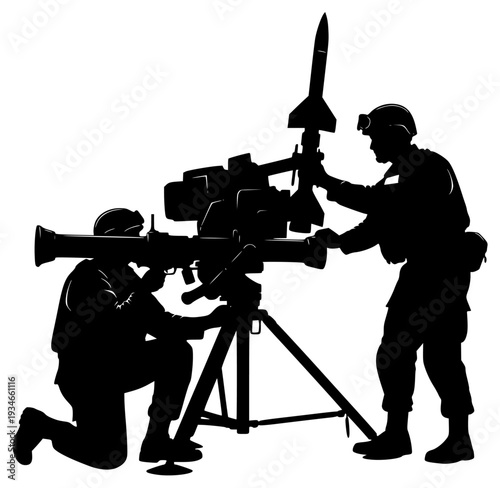 houetted against a with a large machine gun and a rocket launcher, army, black, equipment, gun, man, missile, profile, rocket, soldier, telescope, tripod, video camera, against transparent background