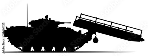 ouette of a military tank with a ramp attached to it, army, army tank, cargo, crane, equipment, illustration, lift, load, profile, rail, ramp, tank, transporter, turret, against transparent background