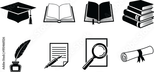 Education and learning icons including books, diploma, and quill