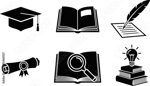 Collection of education and knowledge icons including graduation cap, books, diploma, and lightbulb