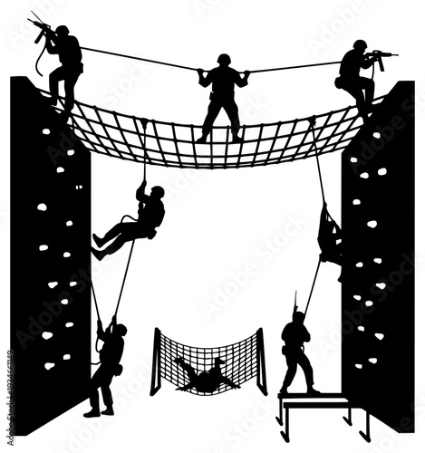 ng a rope bridge against a , climb, climber, gun, hammock, illustration, ladder, man, net, person, profile, rifle, rock climber, rock climbing, rope, rope bridge, swing, against transparent background