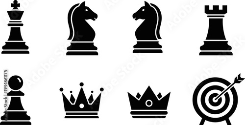 Collection of black chess pieces and target icons on a white background