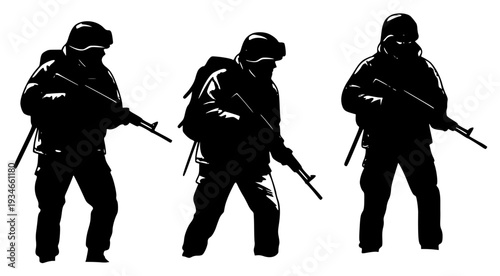 al gear, each holding a rifle, army, black, camouflage, equipment, gasmask, goggles, gun, illustration, machine gun, man, pose, profile, rifle, soldier, uniform, weapon, against transparent background