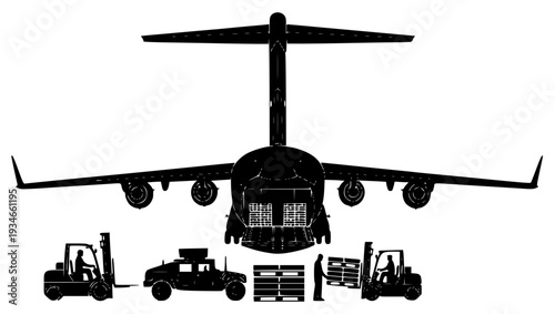  large commercial airplane with silhouettes of people and vehicles around it, black, cargo, cart, equipment, forklift, illustration, lift, load, palette, plane, profile, against transparent background