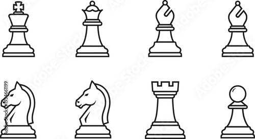 Collection of chess pieces in a minimalist outline style on a white background