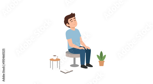 A cartoon man with closed eyes and a serene expression is seated on a grey stool, enjoying a peaceful moment in a minimalist setting.