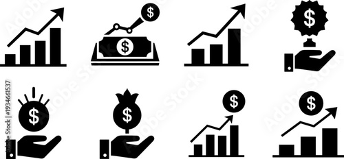 Collection of financial growth and investment icons with dollar symbols and bar charts